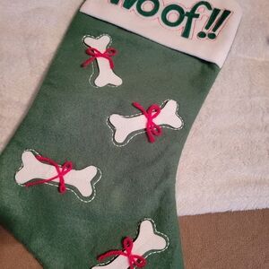 Green Dog Christmas Stocking with Bone Design & WOOF!!